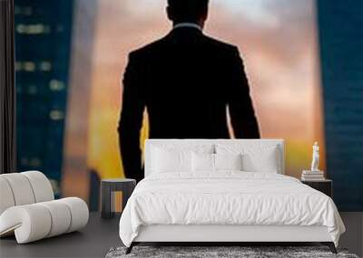 A businessperson walks confidently toward a vibrant sunset in a city, embodying ambition and modern urban life. Wall mural